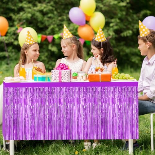 Purple Foil Fringe Tinsel Table Skirt - 2 Pack for Rectangular Tables Party Decoration