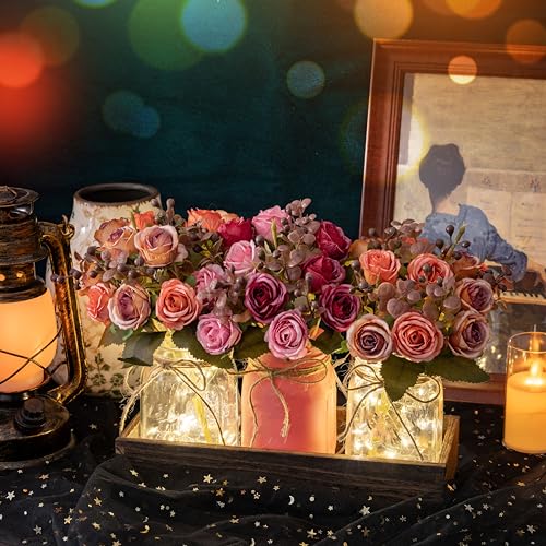 Farmhouse Mason Jar Centerpiece with Pink & Orange Artificial Fall Flowers - Rustic Table Decoration
