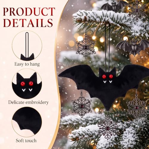 Bat Christmas Tree Ornaments - Set of 12 Black Plush Holiday Decorations