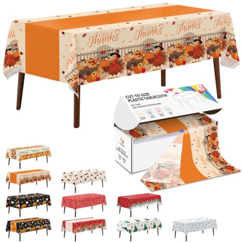 Thanksgiving Plastic Table Cover Roll - 54x300 Feet with Slide Cutter, Pumpkin & Turkey Design, Disposable Harvest Party Tablecloth