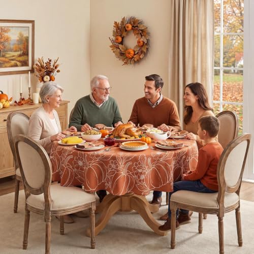 Fall Pumpkin & Leaf Round Tablecloth 70 Inch Water-Resistant Faux Linen