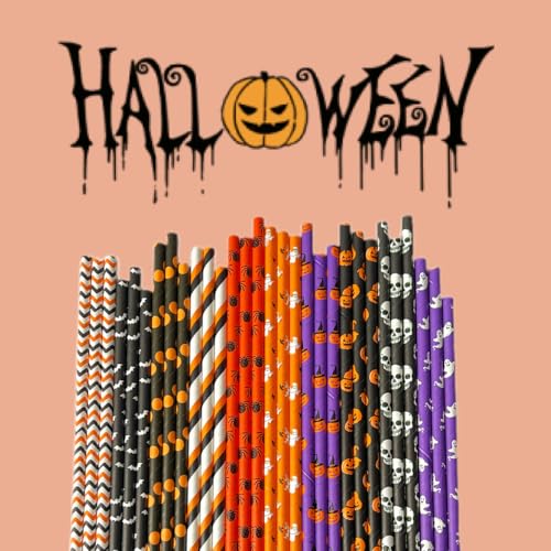 Halloween Paper Straws Set of 200 - Biodegradable Ghost, Skull, Pumpkin, Bat Styles