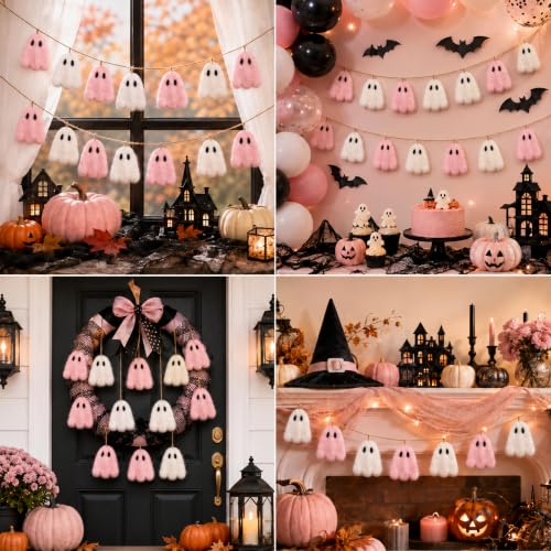 Halloween Felt Ghost Garland Set - Pink & White 6.5 ft Decorations for Parties & Home