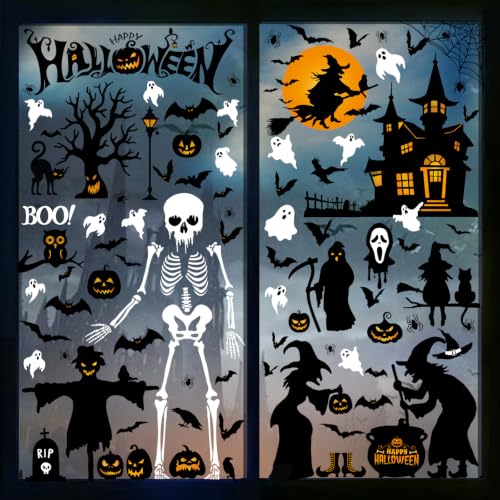 Halloween Window Clings - Reusable Indoor Decor with Ghost, Skeleton & Bats, 8 Sheets