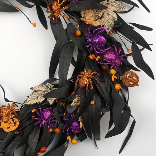 Black 20 Inch Halloween Wreath with Fall Leaves Pumpkins & Spider - Indoor Outdoor Decor