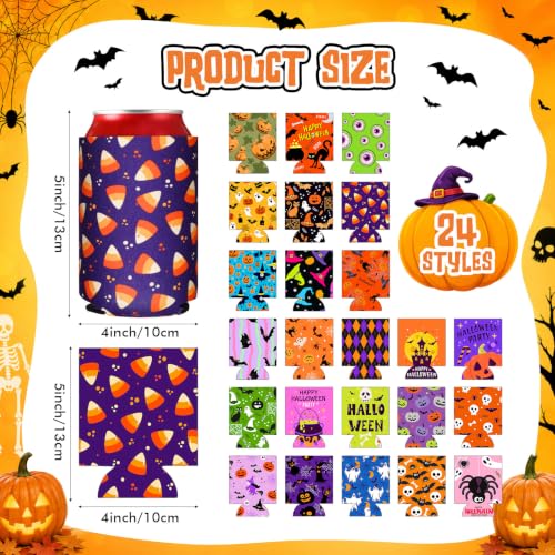 Halloween Can Cooler Sleeves Set - 24 Spooky Insulated Drink Insulators with 12 Patterns