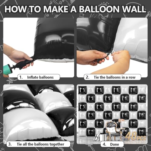 Black and Pearl White Square Foil Balloons Wall Backdrop - D03 - 48PCS