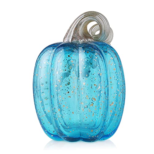 Blue Hand Blown Glass Pumpkin Figurine - 6.1 Inches Fall Decor