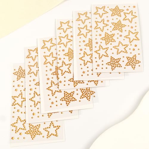 Gold Star Face Gems Set - 6 Sheets Temporary Body & Face Rhinestones for Makeup & Parties