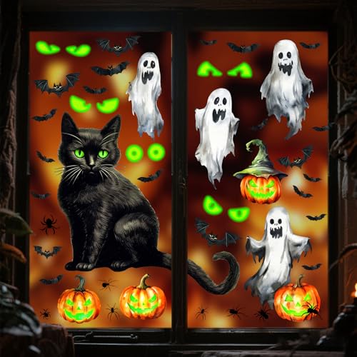 Halloween Ghost Cat Window Clings Pumpkin Bat Eyes Wall Decals - Variation of Cat Ghost