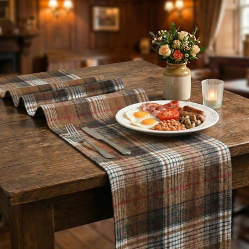 13 x 120 Inch Coffee Brown Farmhouse Plaid Table Runner - Rustic Fall Holiday Decor