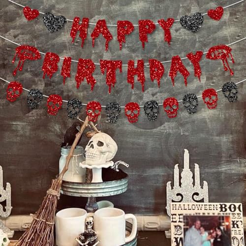 Halloween Birthday Banner Garland with Glitter Skull and Heart Decor