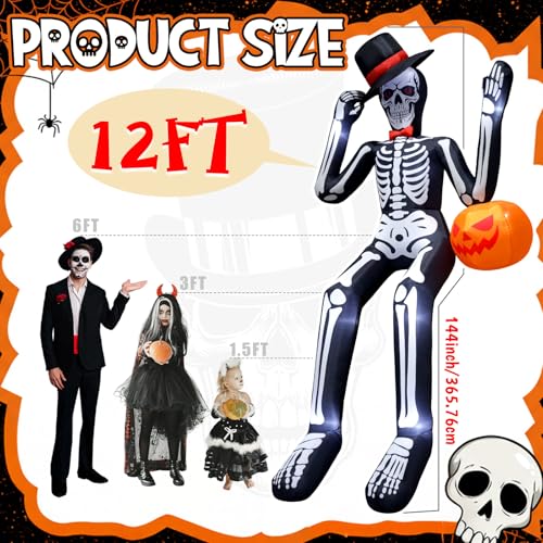 12FT Giant Skeleton Inflatable Halloween Decoration with LED Lights Outdoor