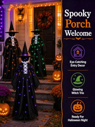 MCJC Halloween Witch Decorations Outdoor Set of 3 Light Up Stakes - Black