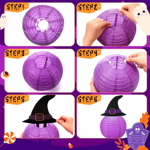 Halloween Paper Lanterns Decorations Kit with Witch Hats and Pom Poms - Indoor Outdoor Party Supplies