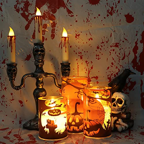 Halloween Candles with Pumpkins - Orange Flameless Glass Candles with Remote Timer - 3 Pack Indoor Decorations