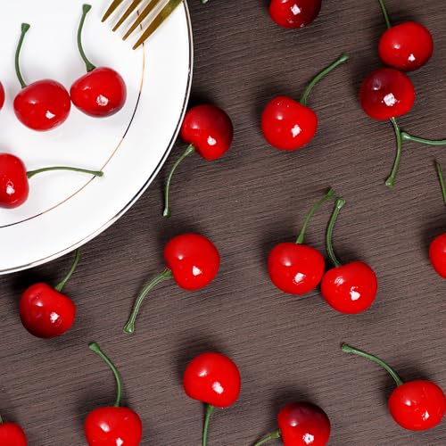 Artificial Fake Cherries - Realistic Plastic Faux Fruit Decoration, 60 pcs
