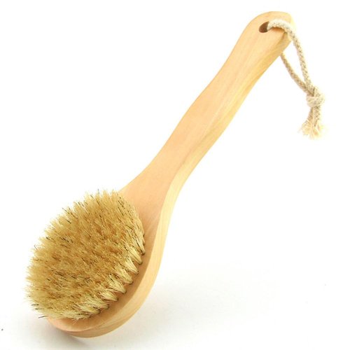 HiKin 9.84 Inch Dry Body Brush Back Scrubber, Wooden Short Handle Natural Bristles Bath & Shower Brush.