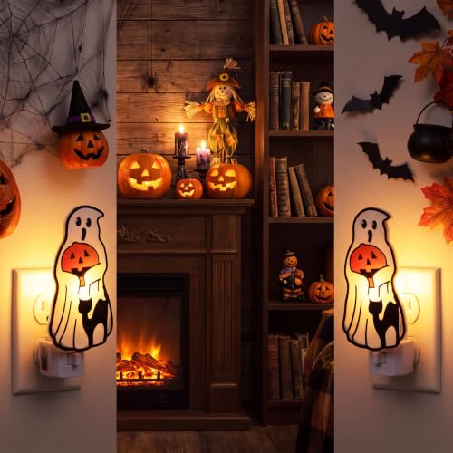 2 Pack Ghost and Pumpkin Night Lights - 5 Inch Halloween Decor with Replaceable Bulbs