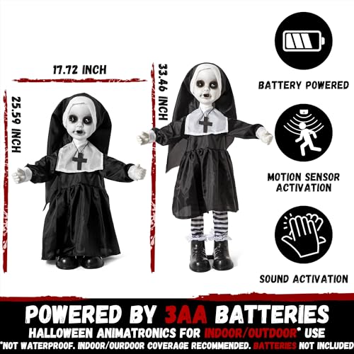 Scary Halloween Animatronic Nun Doll with Light-Up Red Eyes, Sound & Lunging Motion, Indoor & Outdoor Decor