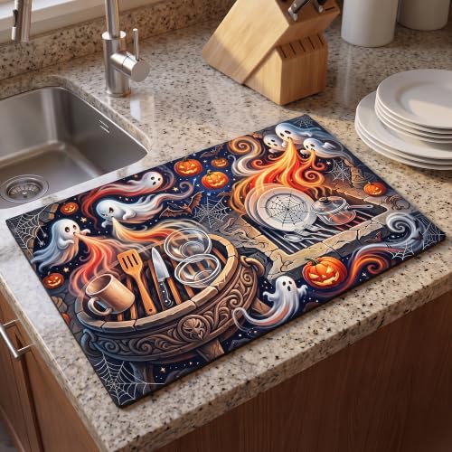 Halloween Ghost Pumpkin Dish Drying Mat - 12x20 Spooky Kitchen Decor