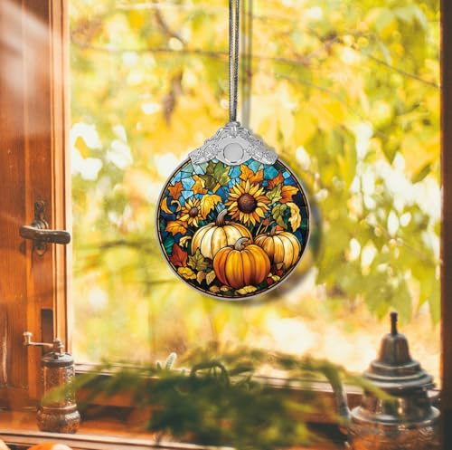 Pumpkin Sunflower Stained Glass Style Christmas Ornament - Fall Harvest Decoration - Indoor Outdoor Holiday Decor - 3.1 x 3.5 Inches