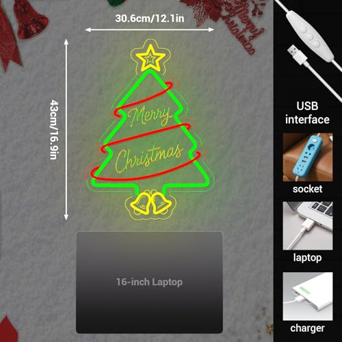 Christmas Tree Neon Sign - Green Acrylic LED Light for Holiday Decor - 16.9x12.1 Inches