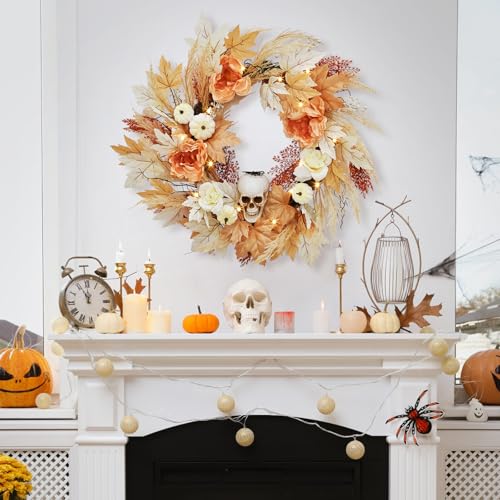 22-Inch Halloween Skull Wreath with Lights for Front Door & Indoor Decor