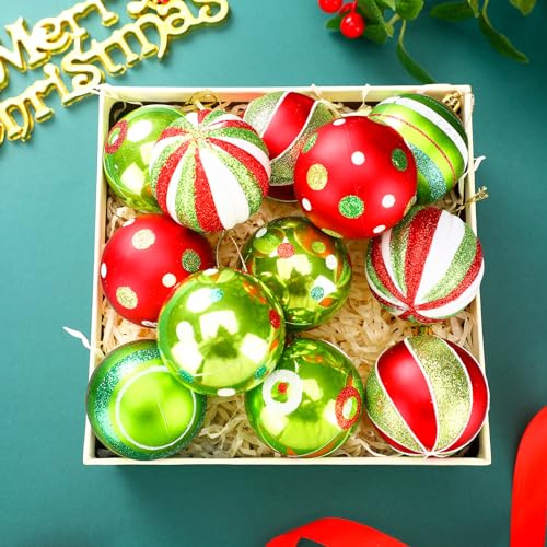 24 Pcs Christmas Ball Ornaments - Lime Green & Red Polka Dots & Stripes, 2.36 Inch Holiday Decorations with Ropes - Variation of 24