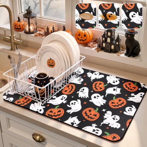 Halloween Ghost Dish Drying Mat - 12x20 Inch Absorbent Coffee Mat with Jack-o'-Lanterns & Ghosts