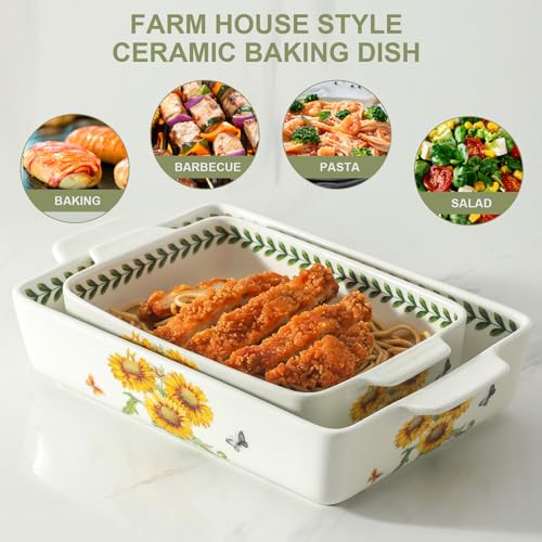Sunflower Ceramic Baking Casserole Dish Set with Handles, Large 2-Piece Oven Bakeware