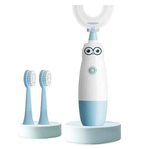 Hikid Kids Electric Toothbrush，360-Degree Sonic Vibration, IPX7 Waterproof,Toddler U Shaped Toothbrush with 2 Soft Brush Head,Cute Owl Design Baby Toothbrush for Ages 8–13（Blue）