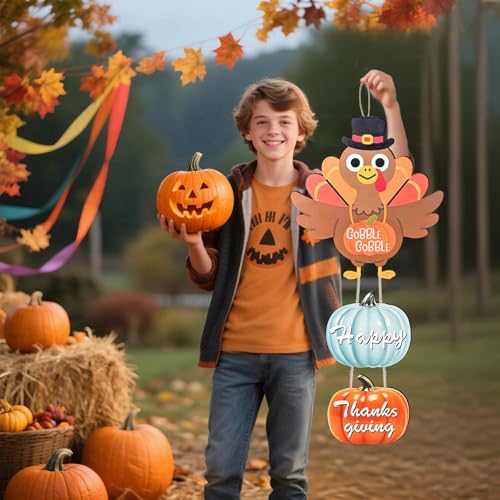 Thanksgiving Door Hanging Sign Decorations - Wooden Fall Wreath with Turkey & Pumpkin - Front Door Decor for Porch & Wall - Variation: Turkey