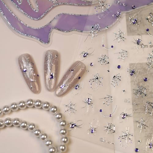 Halloween Silver Spider Nail Stickers 5D Embossed Nail Decals - Design-14