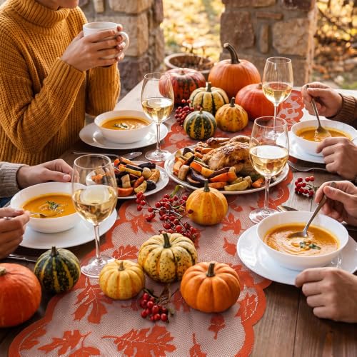 Fall Thanksgiving Leaves Lace Table Runner - 13x72 Inch, Orange, Fall Decor - Fall-1PCS
