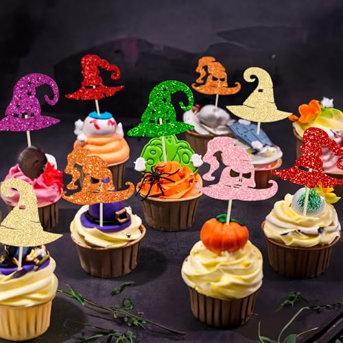 Halloween Witch Hat Cupcake Toppers - Glitter Wizard Hat Picks Style 32, 24PCS
