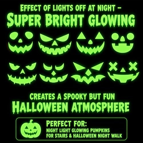 Glow Pumpkin Face Stickers 16 Pcs Glow in The Dark Halloween Window & Wall Decor - Waterproof Ghost Eyes Party Stickers