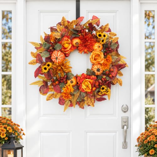24 Inch Fall Front Door Wreath with Pumpkins & Dahlias - Autumn Decor