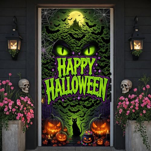 Halloween Door Cover Banner Black Cat Bat Pumpkin with Variation - Green