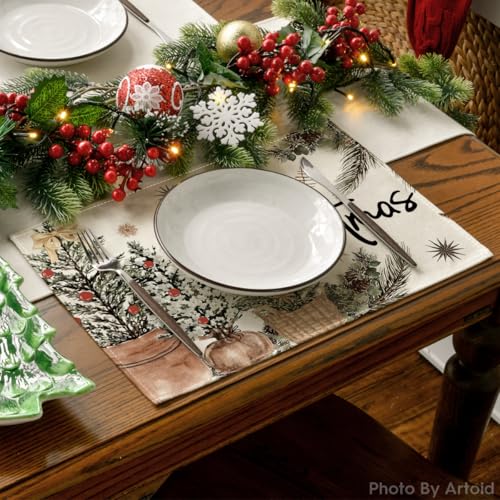 Christmas Placemats Set of 8 - 12x18 Inch Holiday Table Decor, Beige