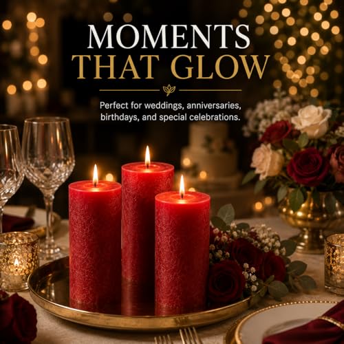 Red Pillar Candles Set of 3 - Unscented Dripless 3x6 Inch for Decor