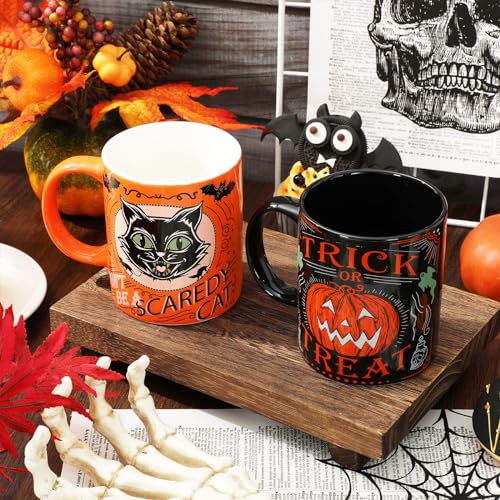 Halloween Ceramic Coffee Mug Set - Pumpkin Black Cat Skeleton 12oz
