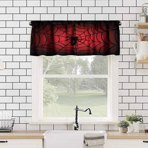Halloween Kitchen Valances - Red & Black Spider Web Window Curtains, 54x18 Inches, Small Window Treatment, Rod Pocket Design