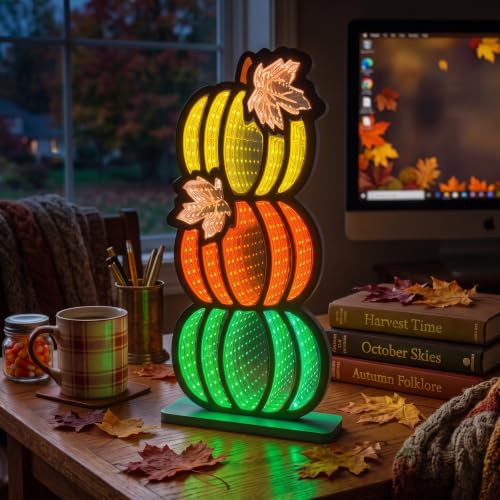 Fall Pumpkin Infinity Mirror Tunnel Lights - 3 Stacked Pumpkins for Autumn Decor, Yellow Orange Green Variation