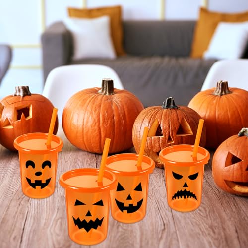 Trendy 12-Pack Halloween Pumpkin Cups with Lids & Straws - 10 oz Reusable Tumblers