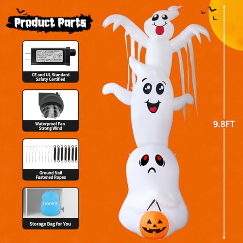 High 9.8 ft Halloween Inflatable Ghost Yard Decor with LEDs for Outdoor & Indoor
