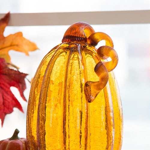 Hand Blown Glass Pumpkin Decor - 9 Inch Amber Autumn Centerpiece