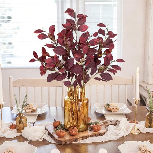 Artificial Burgundy Fall Euonymus Leaves Stems with Flower Seeds - 3 Pcs, 32 Inches
