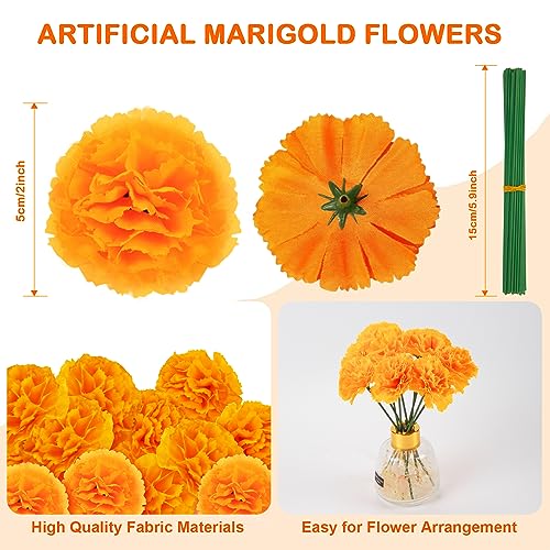 Artificial Marigold Flowers Heads Bulk 50Pcs for Day of The Dead Halloween Diwali Home Decor - Orange