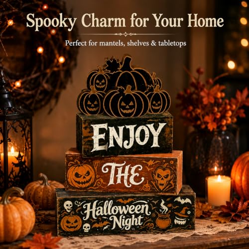 Halloween Wooden Tiered Tray Decor Set with Pumpkin and Spooky Signs
